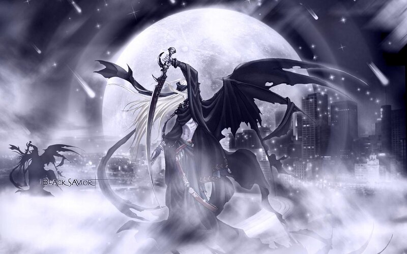 Winged Figure with Sword — Black, Dramatic, Night, Digital Art