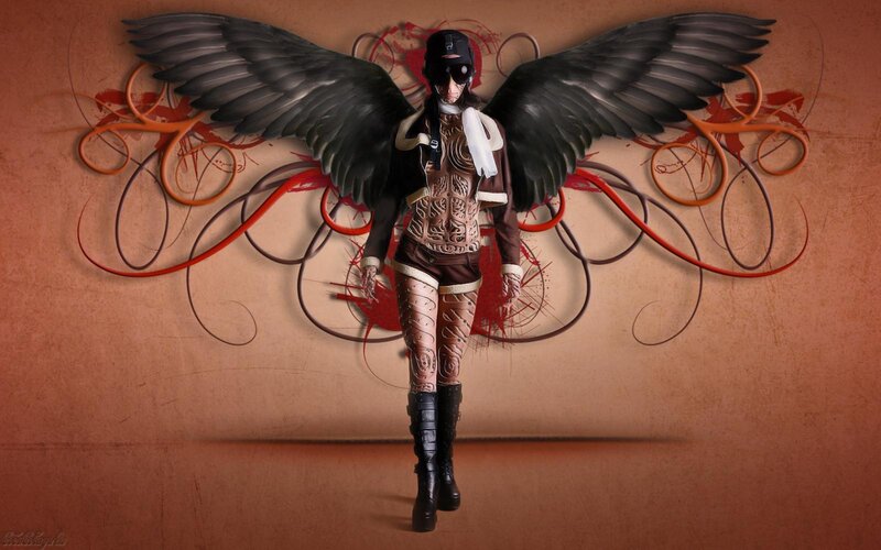 winged figure with tattoos