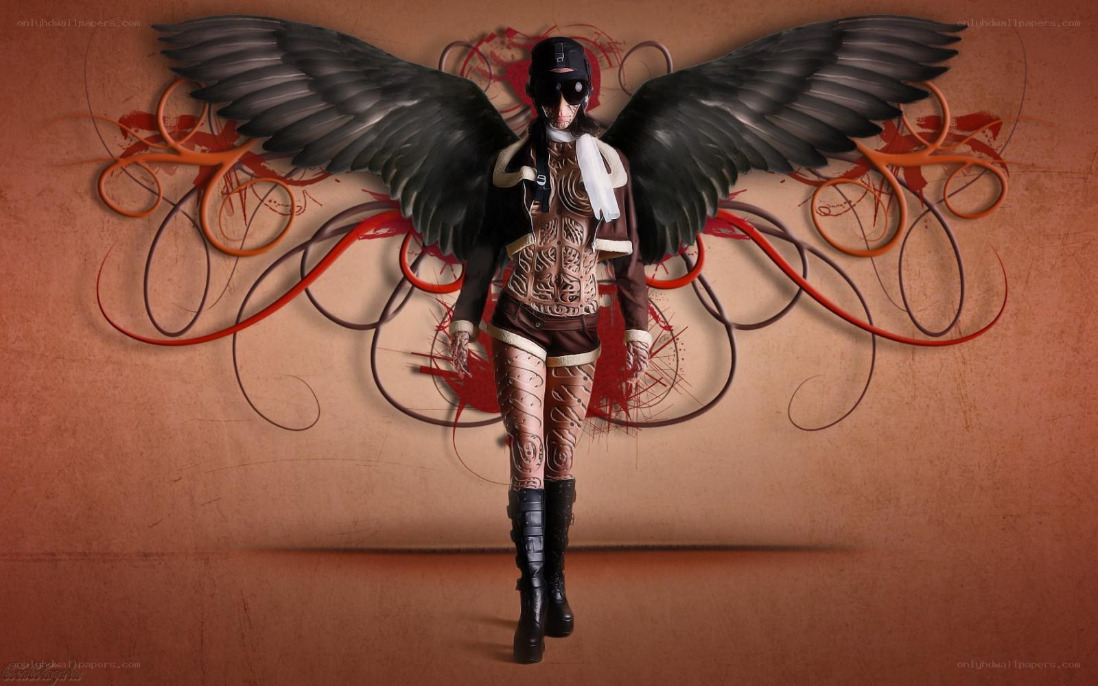 winged figure with tattoos