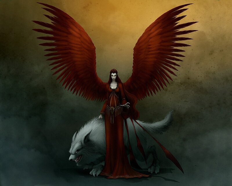 winged figure with white wolf