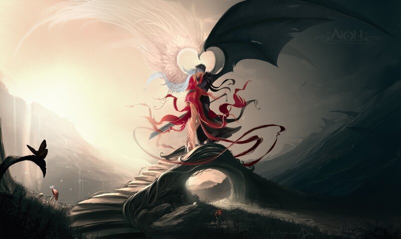 Winged Figures Embracing — Red, Dramatic