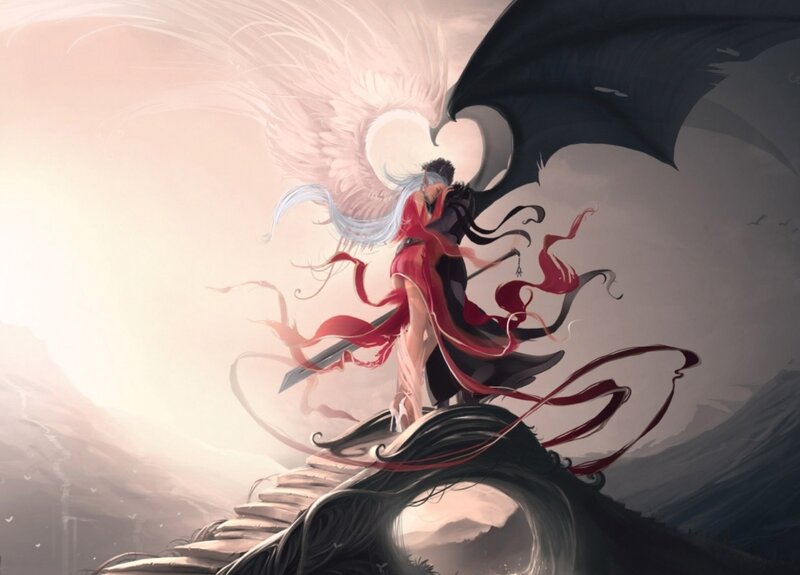 Winged Figures Embracing — Red