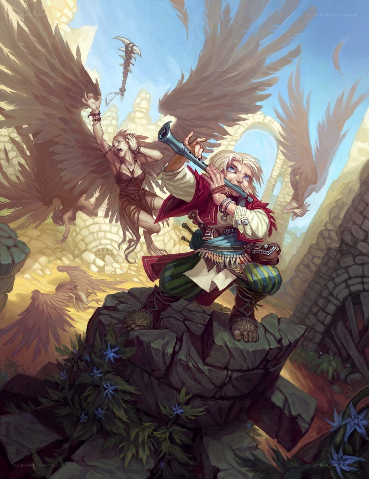 Winged figures in ancient ruins