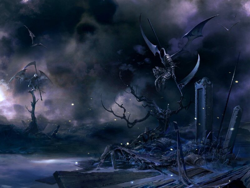 Winged Figures in Dark Landscape — Purple, Dark, Dramatic