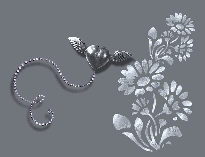 Winged Heart with Flowers — Gray