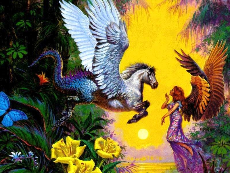 Winged Horse and Woman — Yellow