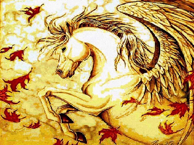 winged horse in autumn leaves