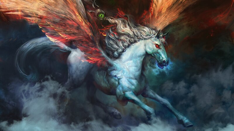 Winged Horse in Clouds — White