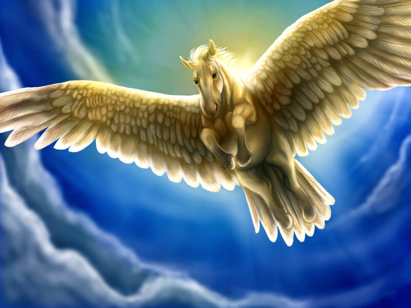 Winged Horse in Flight — Blue, Dramatic