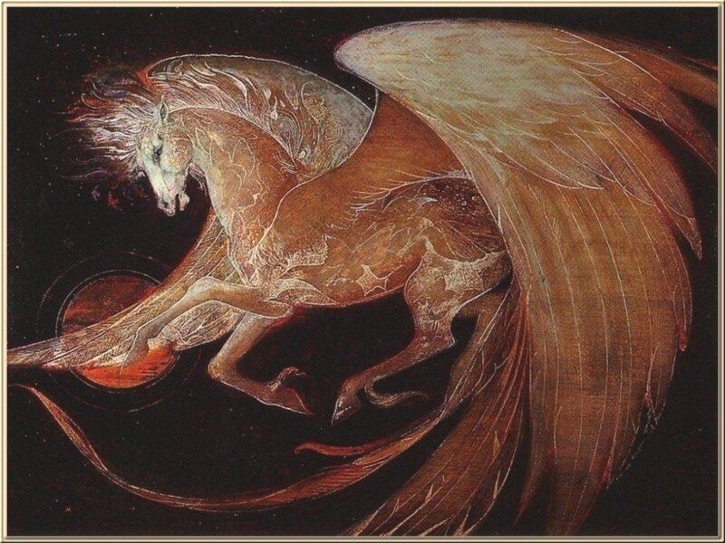 Winged Horse in Flight — Brown, Dramatic, Night