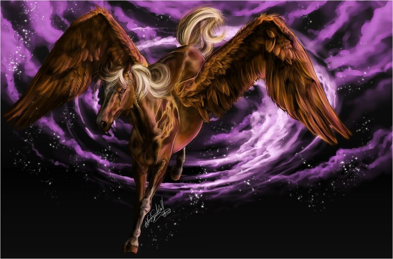 Winged Horse in Flight — Purple, Dramatic, Night