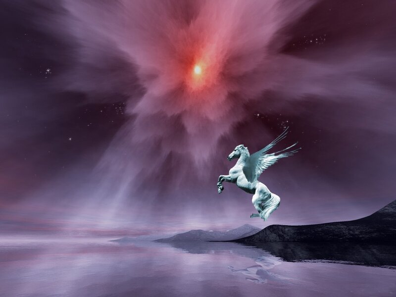 Winged Horse in Flight — Purple, Dramatic