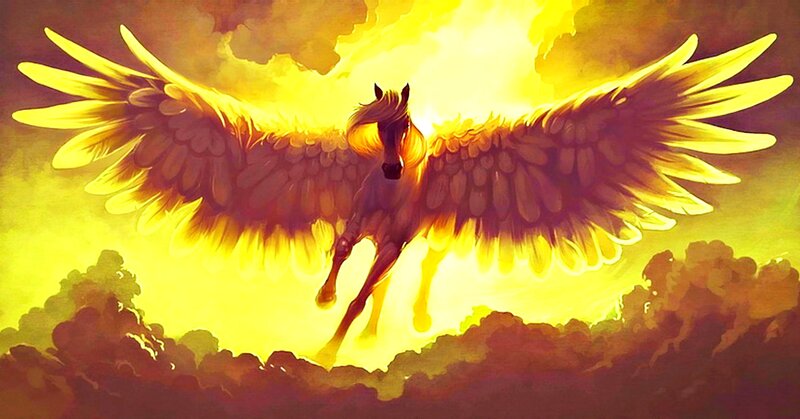 Winged Horse in Flight — Yellow, Dramatic
