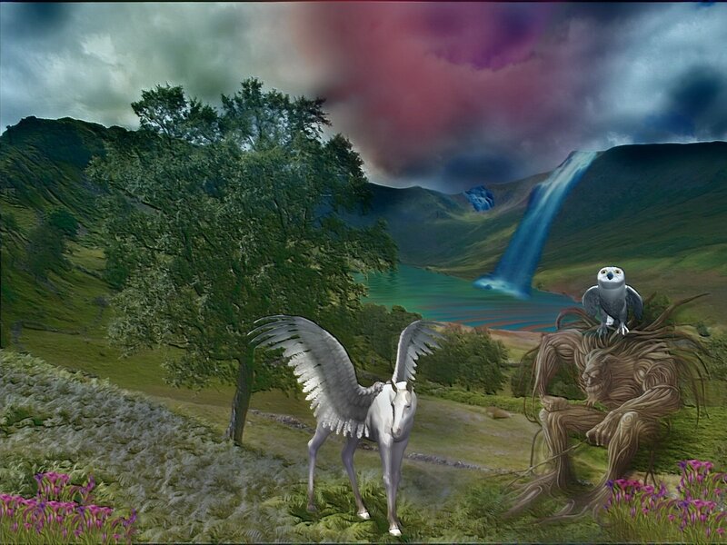 Winged Horse in Landscape — Green