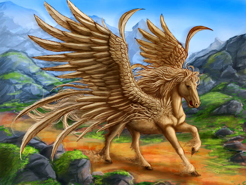 Winged Horse in Mountains — Brown, Dramatic