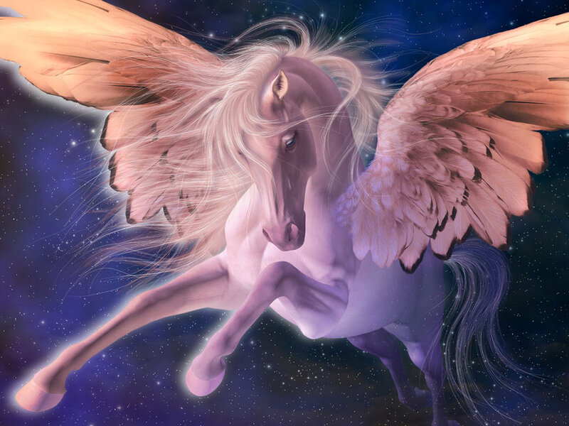 Winged Horse in Space — Purple, Serene, Night, Digital Art