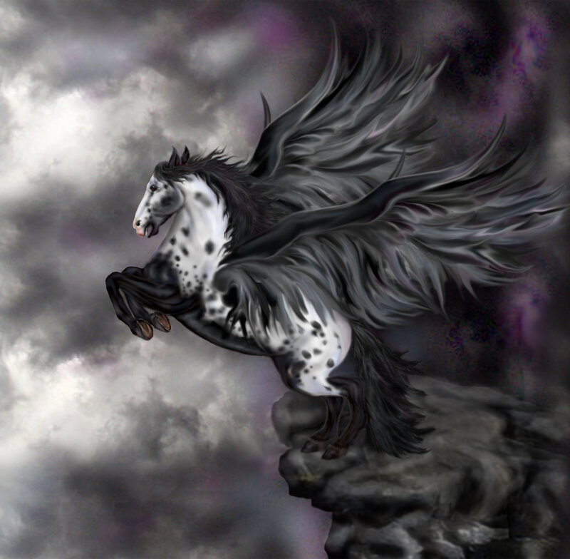 Winged Horse on Cliff — Gray