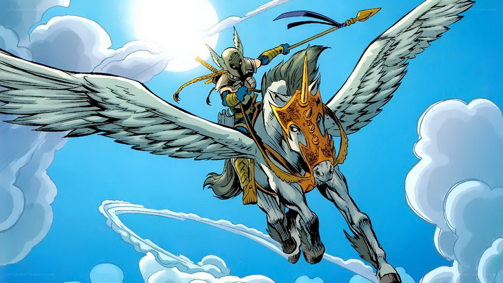 winged horse rider in sky