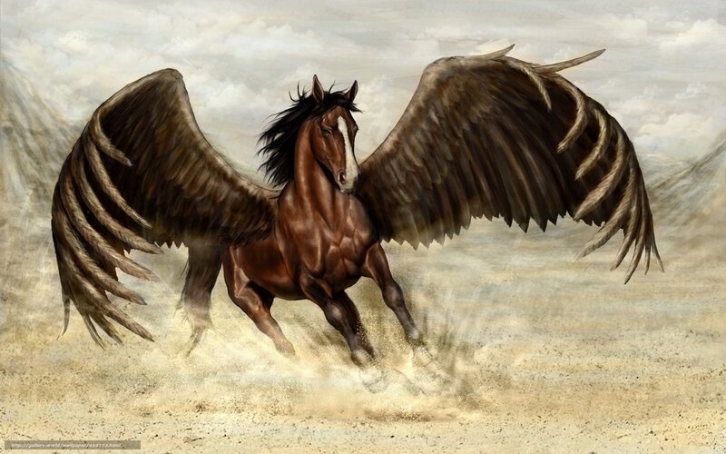Winged Horse Running — Brown, Dynamic, Digital Art