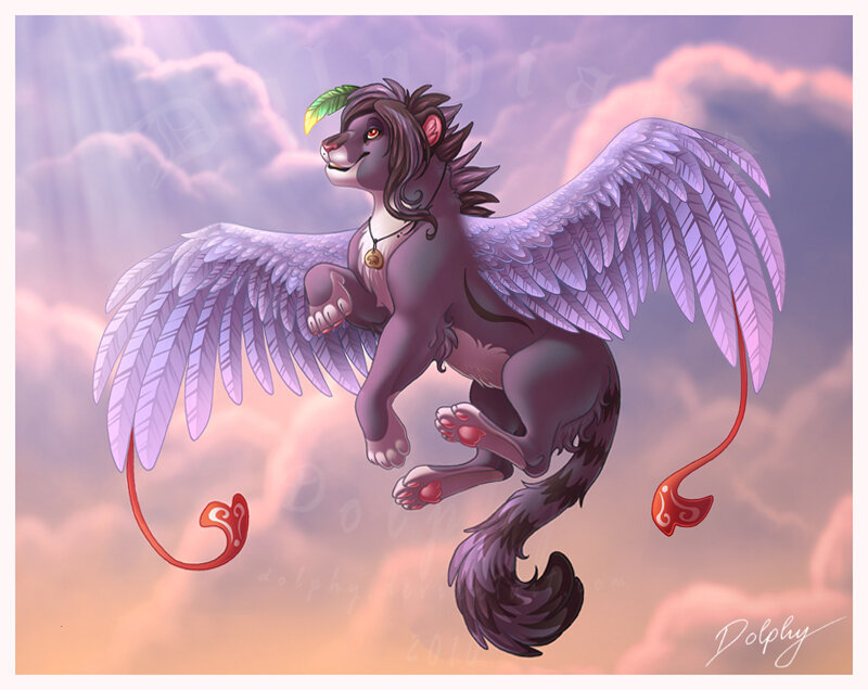 winged lion with feathered wings