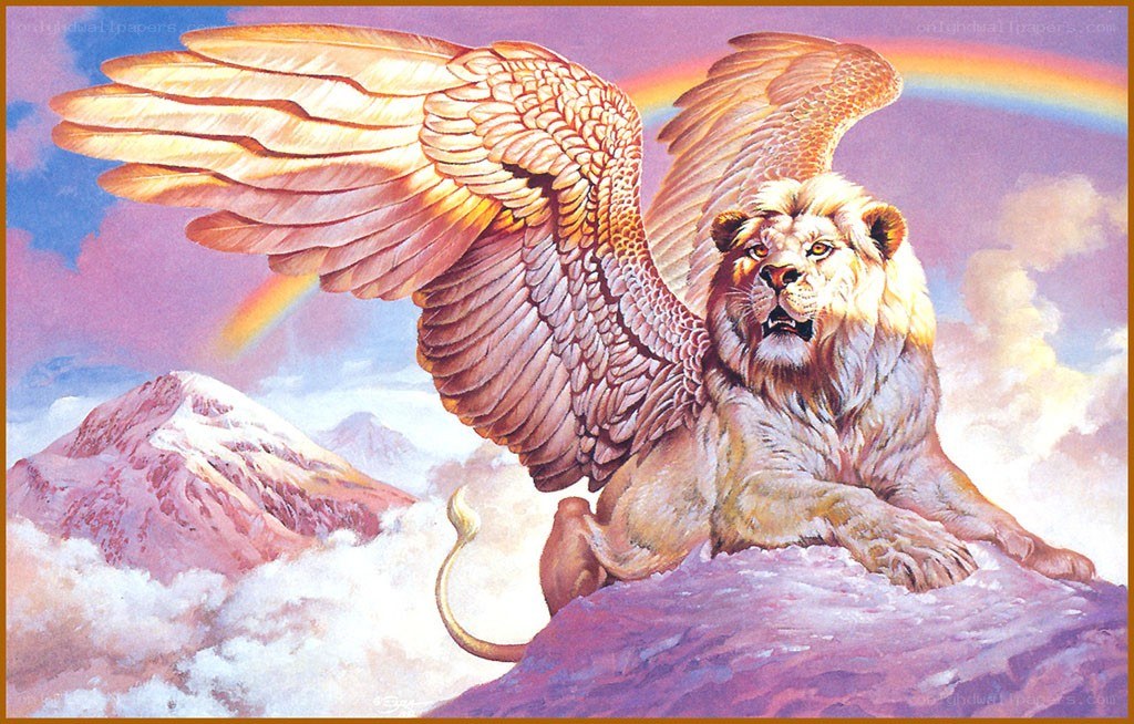 winged lion with rainbow