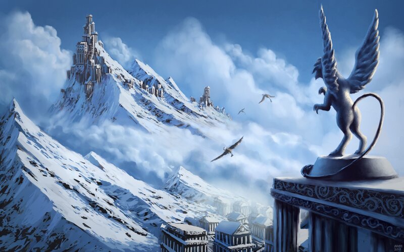 Winged Statue on Mountain — Blue