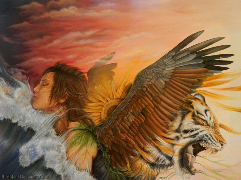 Winged Tiger with Woman