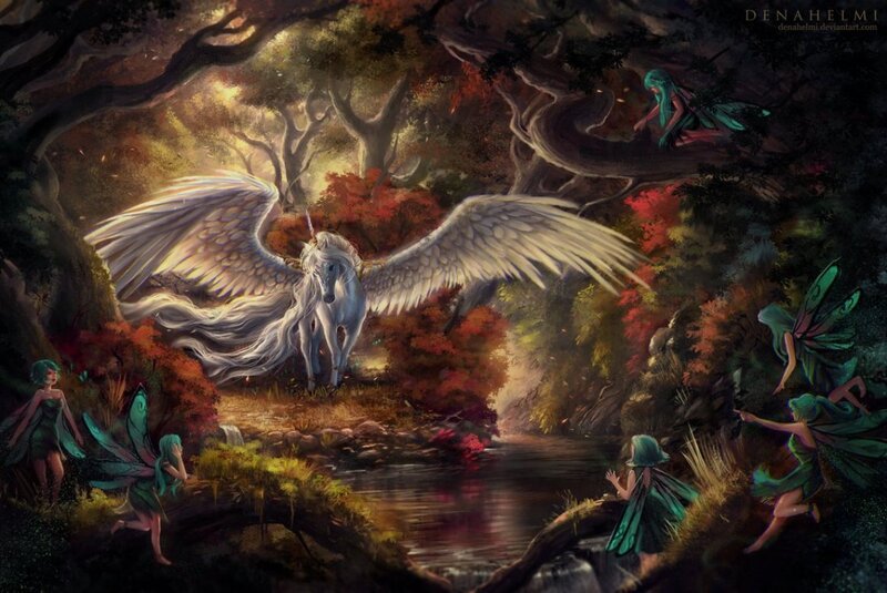 Winged Unicorn in Forest — Green
