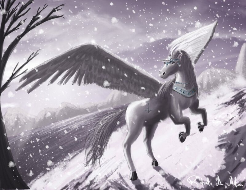 Winged Unicorn in Snow — White, Dramatic