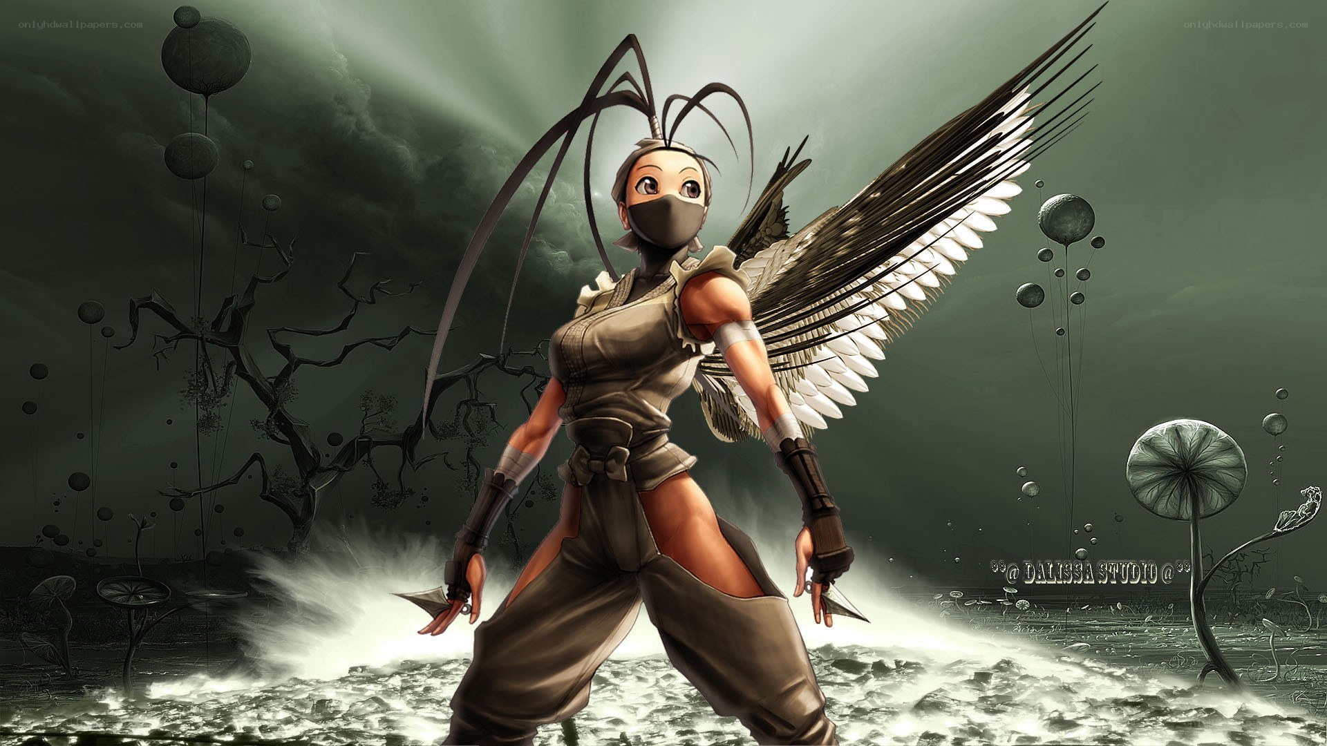 winged warrior in desolate landscape