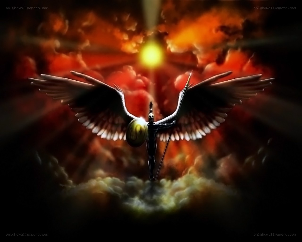 winged warrior in fiery sky