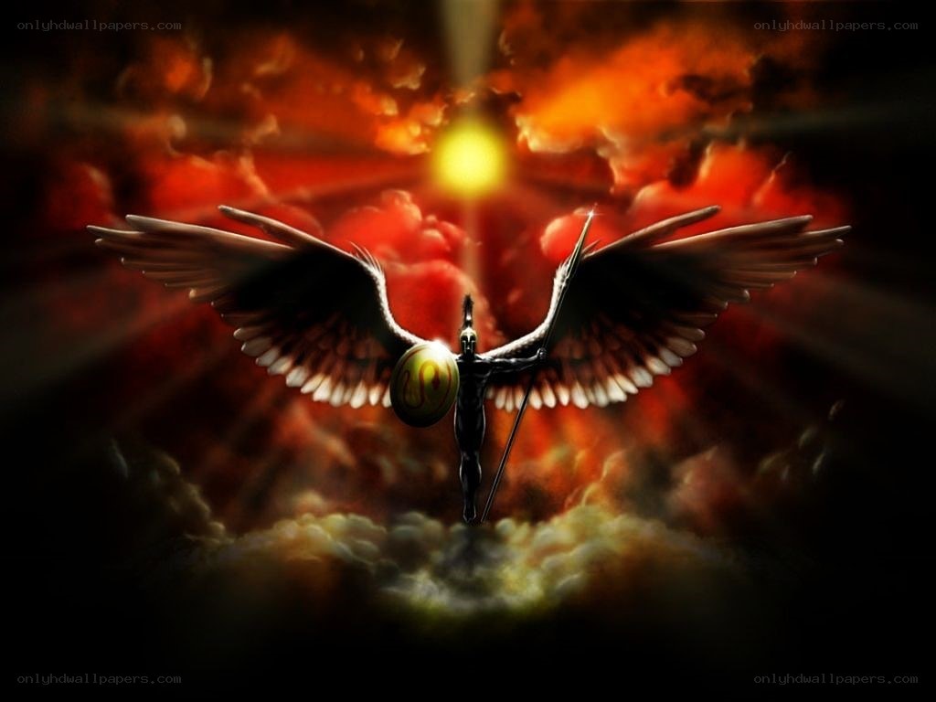 winged warrior in fiery sky