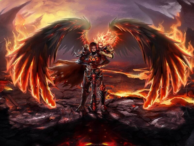 Winged Warrior in Flames — Red, Dramatic, Digital Art, Fire