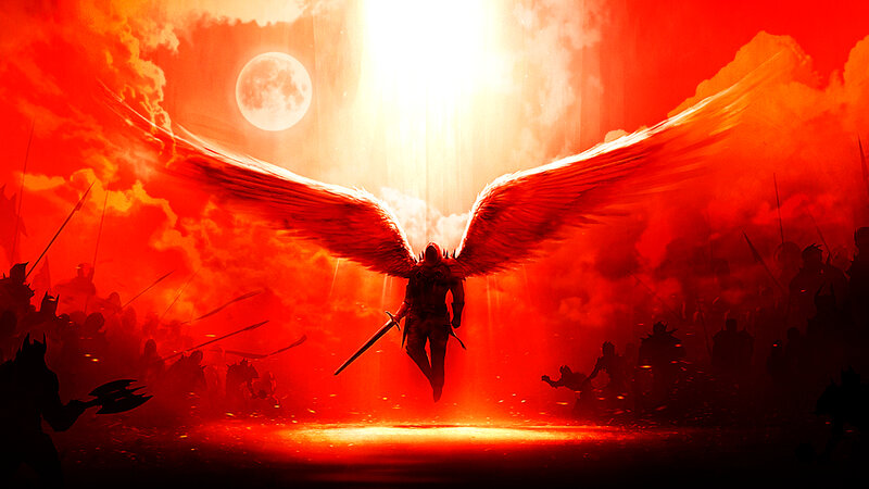Winged Warrior in Red Sky