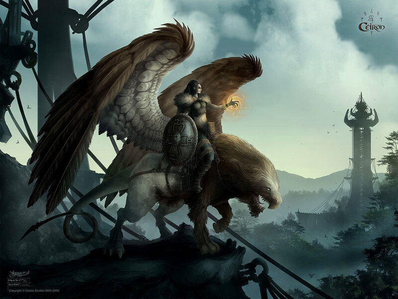Winged Warrior on Griffin — Gray, Dramatic, Morning