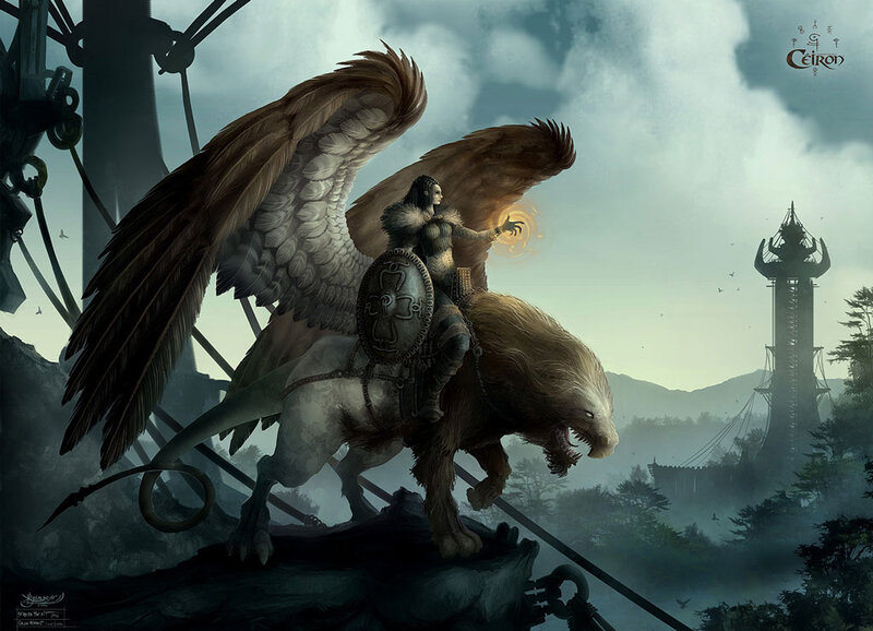 Winged Warrior on Griffin — Gray, Dramatic