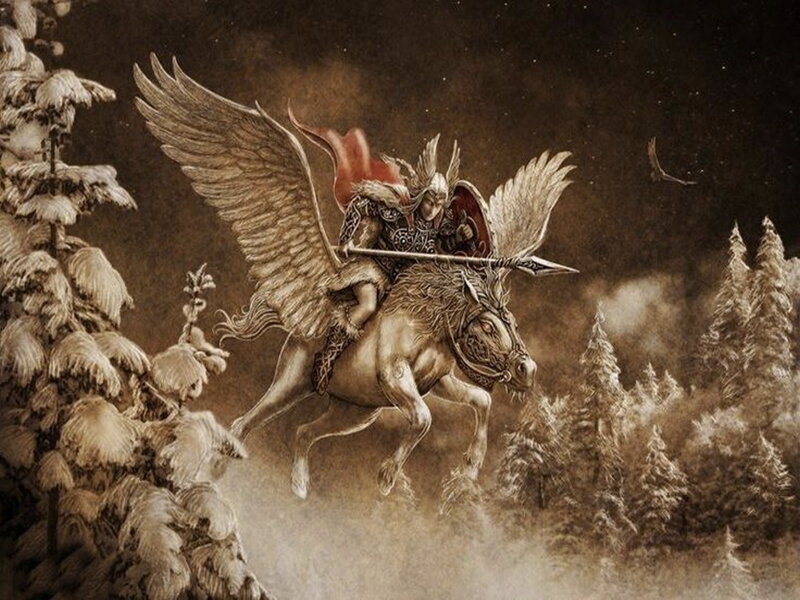 Winged Warrior on Horse — Brown, Dramatic, Night
