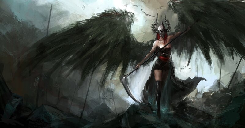 Winged Warrior with Scythe — Black, Dramatic, Digital Art
