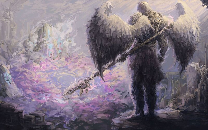 Winged Warrior with Spear — Purple, Dramatic, Digital Art