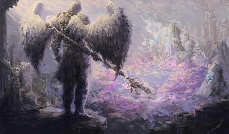 Winged Warrior with Spear — Purple, Dramatic