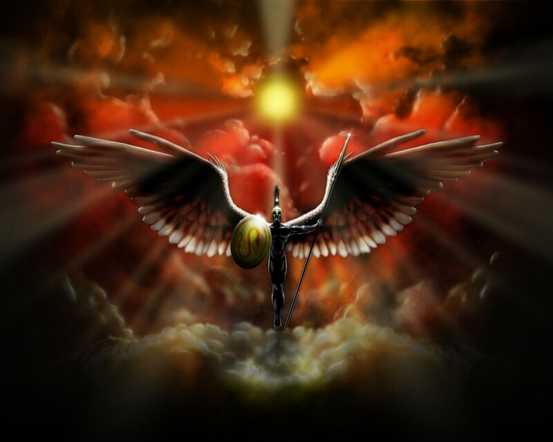 Winged Warrior with Spear — Red, Dramatic, Digital Art, Shield