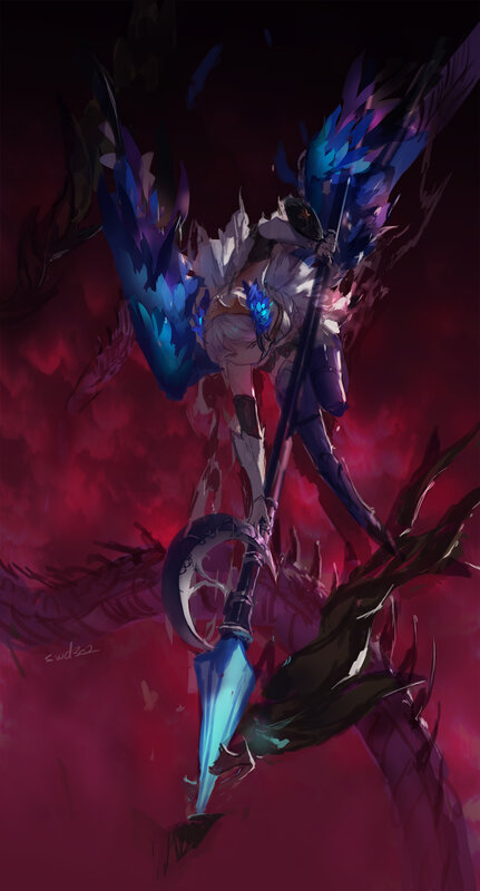 Winged Warrior with Spear — Red, Dramatic, Night