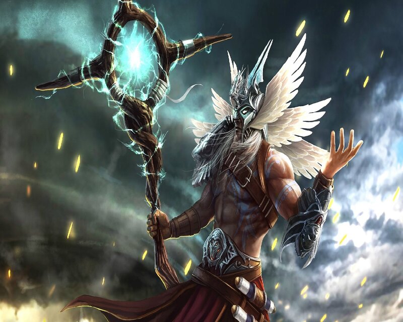 Winged Warrior with Staff — Gray, Dramatic