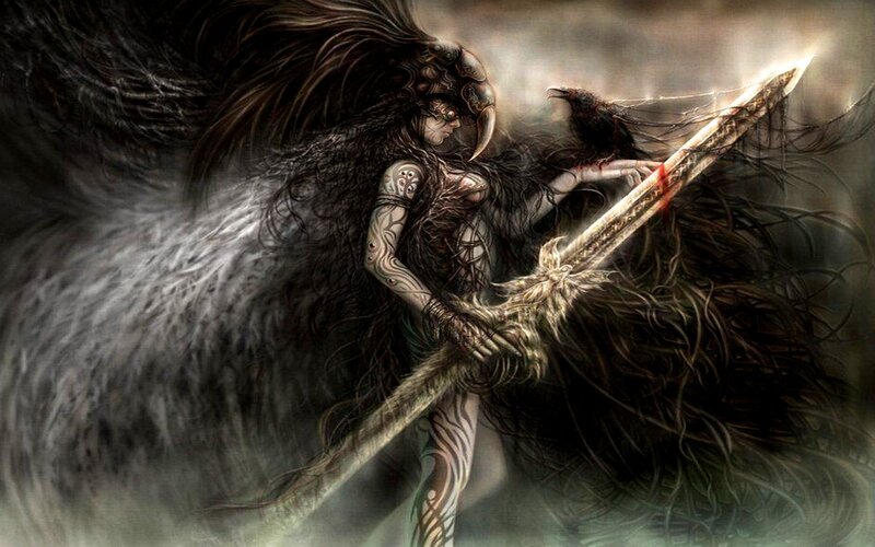 Winged Warrior with Sword — Black, Dramatic, Digital Art, Crow