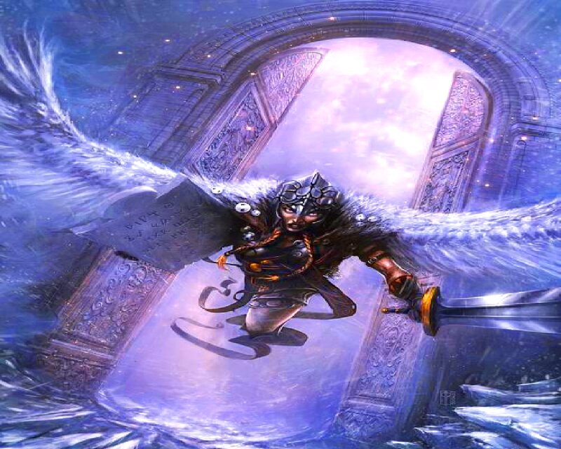Winged Warrior with Sword — Blue, Dramatic, Digital Art