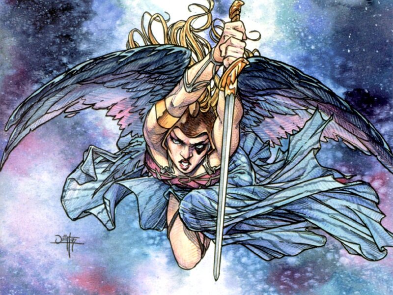 Winged Warrior with Sword — Blue, Dramatic, Night, Comic