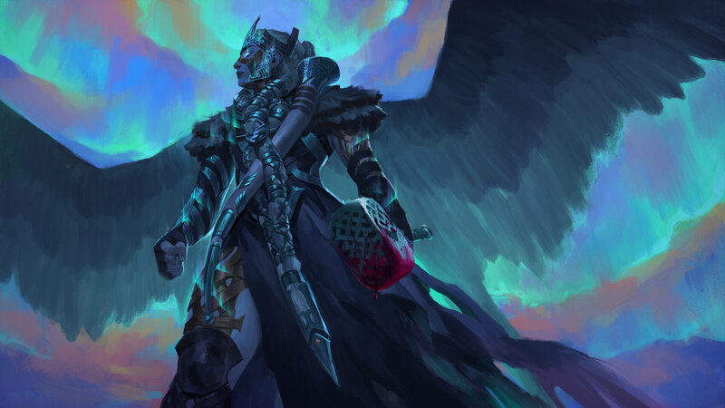 Winged Warrior with Sword — Blue, Dramatic, Night, Digital Art