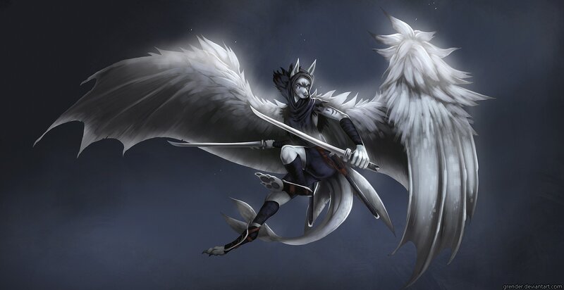 Winged Warrior with Sword — Gray, Dramatic, Night, Digital Art
