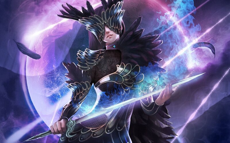 Winged Warrior with Sword — Purple, Dramatic, Night, Digital Art