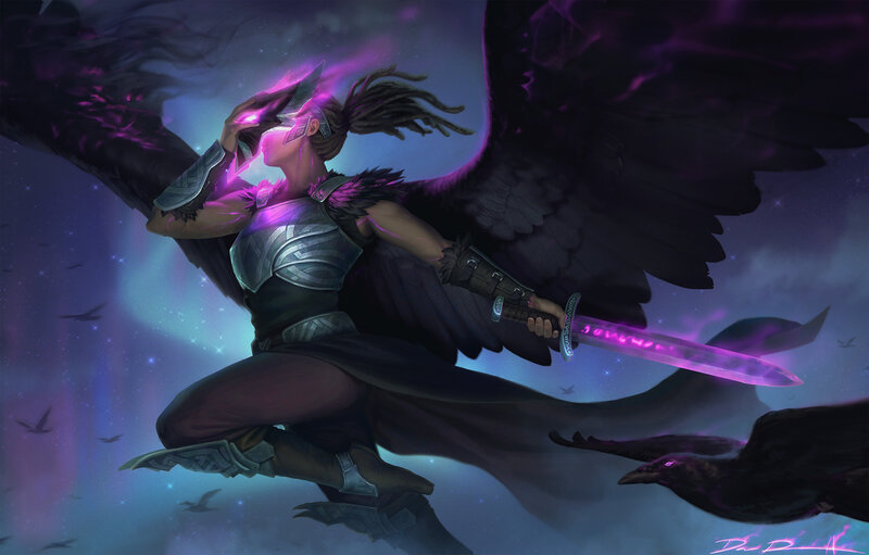 Winged Warrior with Sword — Purple, Dramatic, Night, Digital Art, Wings